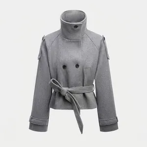 Women Elegant Double Breasted Woolen Coat Stand Collar Short Jacket With Belt Epaulets Solid Color Winter Fall Outerwear
