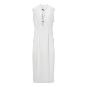 Detail of white sleeveless maxi dress featuring a high neck and silver metal buckles