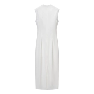 Detail view of the back of a white sleeveless dress showing a slit and hidden zipper