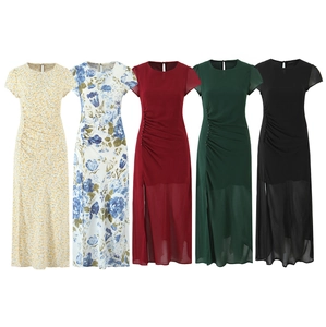Abito Maxi In Chiffon Elegante Da Donna Girocollo Maniche Corte A Volant Spacco Laterale Pieghe Bottone Floreale