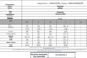Detailed size chart for mustard yellow faux suede bomber jacket with measurements and fabric data