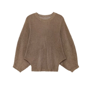 Brown knit sweater with crew neck and batwing sleeves in a loose minimalist design