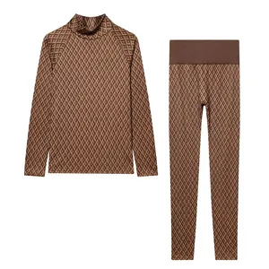 Ensemble Haut Et Pantalon Femme Imprimé Géométrique Col Montant Chaud Coupe Ajustée Polyester Élasthanne Sport Décontracté
