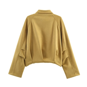 Back view of mustard yellow suede bomber jacket with pleated sleeves and cropped fit