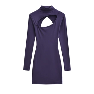 Sexy dunkelviolettes langärmliges Bodycon-Kleid mit Brust-Ausschnitt und Slim-Fit