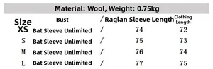 Detailed size chart for wool blend coat with batwing sleeves and length measurements