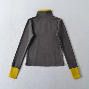 Slim fit thermal turtleneck top in dark gray and yellow contrast knit fabric