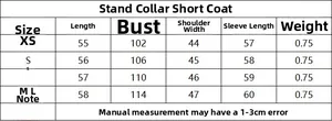 Detailed size chart for the stand collar short coat featuring length and bust measurements