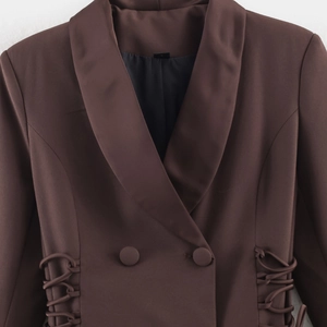 Women's dark brown tie-waist blazer with a wide shawl lapel and front buttons
