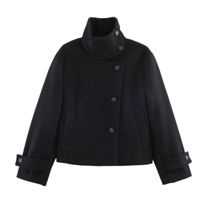 Women Casual Black Standing Collar Short Woolen Coat Polyester Buttoned Streetwear Winter Jacket Fashion Outerwear