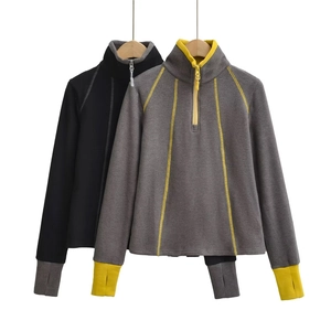 Women's slim-fit thermal quarter-zip top with stand collar and thumbhole cuffs design