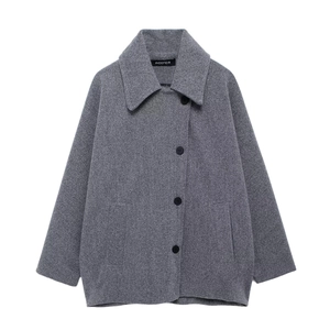 Close-up of grey wool blend coat with classic lapel collar and single-breasted black buttons