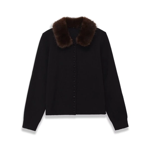 Close-up detail of fluffy faux fur collar on a black ribbed knit long sleeve cardigan