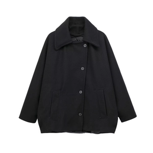 Close-up of black wool coat featuring lapel collar, single-breasted buttons and side pockets