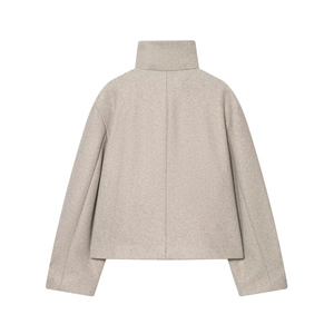 Detailed back view of a high stand collar cropped wool jacket in oatmeal beige color