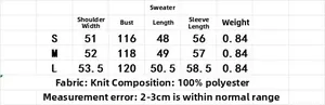 Detailed size chart for long sleeve plaid knit sweater showing measurements in centimeters