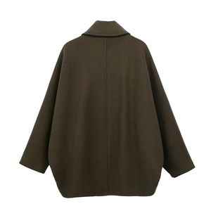 Rear view of long sleeve olive wool coat featuring dropped shoulders and notched lapels