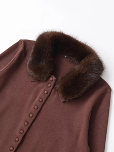 Detail of winter brown knit cardigan with rich faux fur collar and matching fabric buttons