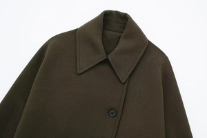 Detail of dark olive wool coat lapel and single-breasted button with premium texture