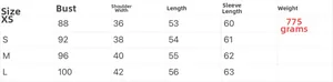 Size chart for winter hooded cotton jacket showing measurements for sizes XS to L