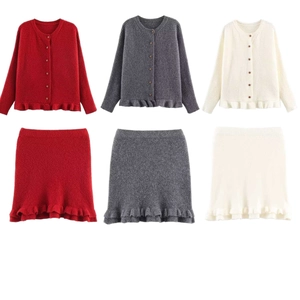 Women's slim fit knit set with ruffle hem cardigan and skirt in red grey and beige