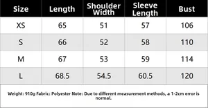 Size guide for women's short coat showing XS to L measurements in cm and weight details