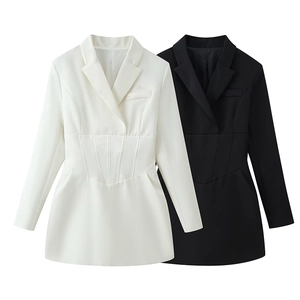 Close-up of boned waist structure and sequin pocket on black and white blazer dresses