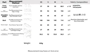 Detailed size chart for the sequin lapel jacket with precise measurements in centimeters