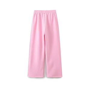 Detailed view of pink wide-leg sweatpants with a high elastic waistband on a white background