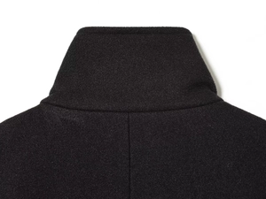 Close-up of the stand collar and wool-like texture on a black cropped coat