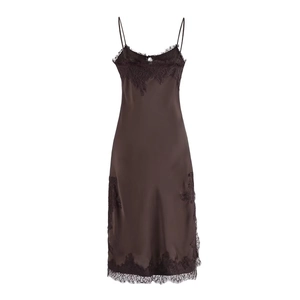 Women Sexy Lace Patchwork Satin Slip Dress Elegant V-Neck Backless Sleeveless Midi Dress French Style Solid Color Evening Party Dress