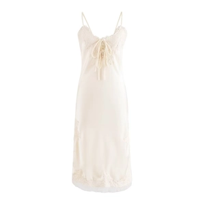 Elegant beige satin slip dress with eyelash lace trim and adjustable drawstring neckline