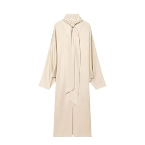 Robe longue en satin beige élégante avec manches longues et col noué pour femmes