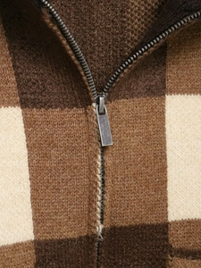 Detailed close-up of premium checkered knit fabric and metal double zipper closure