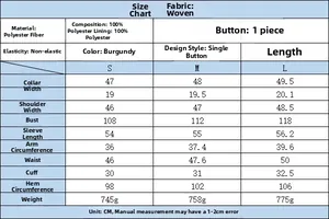 Size chart for stylish burgundy faux fur jacket with detailed CM measurements and fabric info