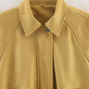 Ginger yellow faux suede aviator jacket featuring a classic lapel and silver neck button