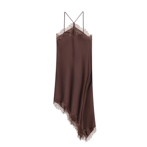 Robe Fond de Robe en Satin Femme Bordure en Dentelle Ourlet Asymétrique Col en V Sexy Cami Robe Midi pour Fête Décontracté Nuit