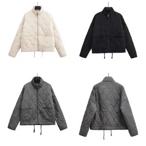 Women's Street Fashion Loose Quilted Jacket Stand Collar Zipper Warm Winter Cotton Padded Coat With Pockets Drawstring Hem Outerwear