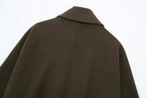 Close-up of olive green wool coat collar with detailed stitching and twill texture