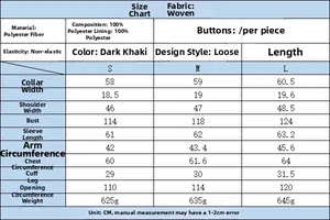 Size chart for fleece zip-up jacket detailing measurements and 100% polyester material