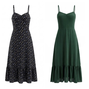Dettaglio abiti midi a spalline con scollo a V floreale nero e verde con volant