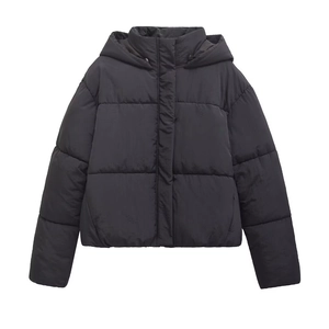 Women's black hooded puffer jacket featuring wide quilting and a minimalist warm design