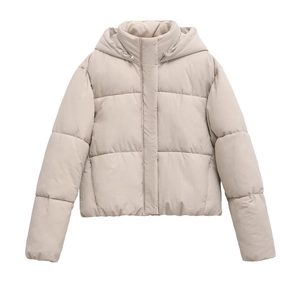 Women's beige hooded quilted jacket with windproof zip and button closure for winter