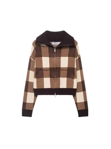 Women Checkered Lapel Zipper Sweater Vintage Grid Pattern Long Sleeve Knitted Cardigan Loose Casual Autumn Winter Knit Top
