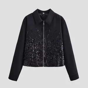 Womens Black Sequined Lapel Zipper Jacket Fashion Casual Long Sleeve Outerwear Streetwear Polyester Coat For Winter Daily