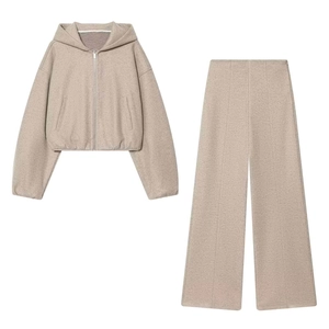 Women's two-piece knitted set with hooded zip jacket and wide-leg trousers in oatmeal