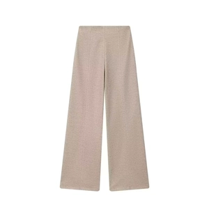 Detail of oatmeal high-waisted wide-leg trousers with elegant front pintuck seams