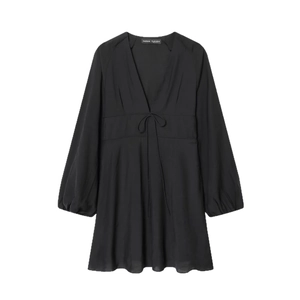 Elegante zwarte jurk met lange mouwen, V-hals, strik in de taille en pofmouwen