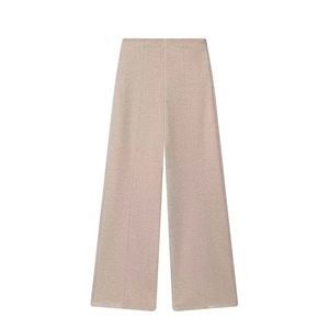 Oatmeal color high-waisted wide-leg trousers with central seams on white background