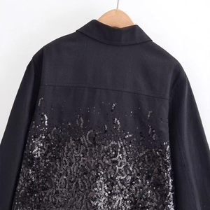 Women's black denim jacket with gradient sequin embellishments and classic lapel collar
